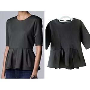 THE KOOPLES Pleated Peplum Blouse •S• Black Top Half Sleeve Jersey Neoprene
